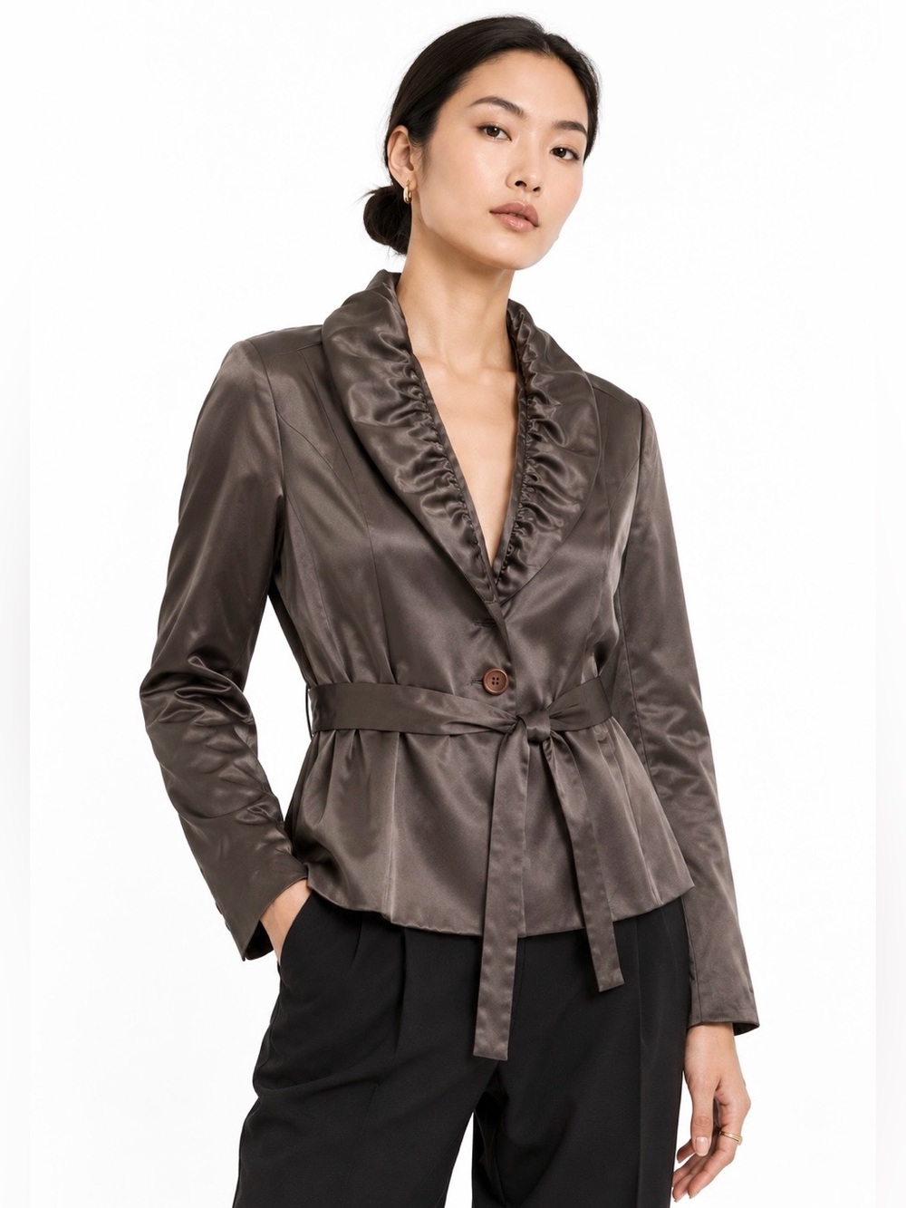 Lili Bleu Taupe Satin Jacket Ruched Collar Tie Waist Blazer Size Large